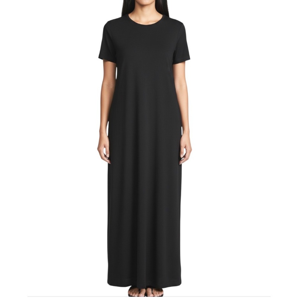 LANDS END Black Knit T-SHIRT MAXI DRESS Minimalist Capsule NYLON/LYCRA 10-12 M